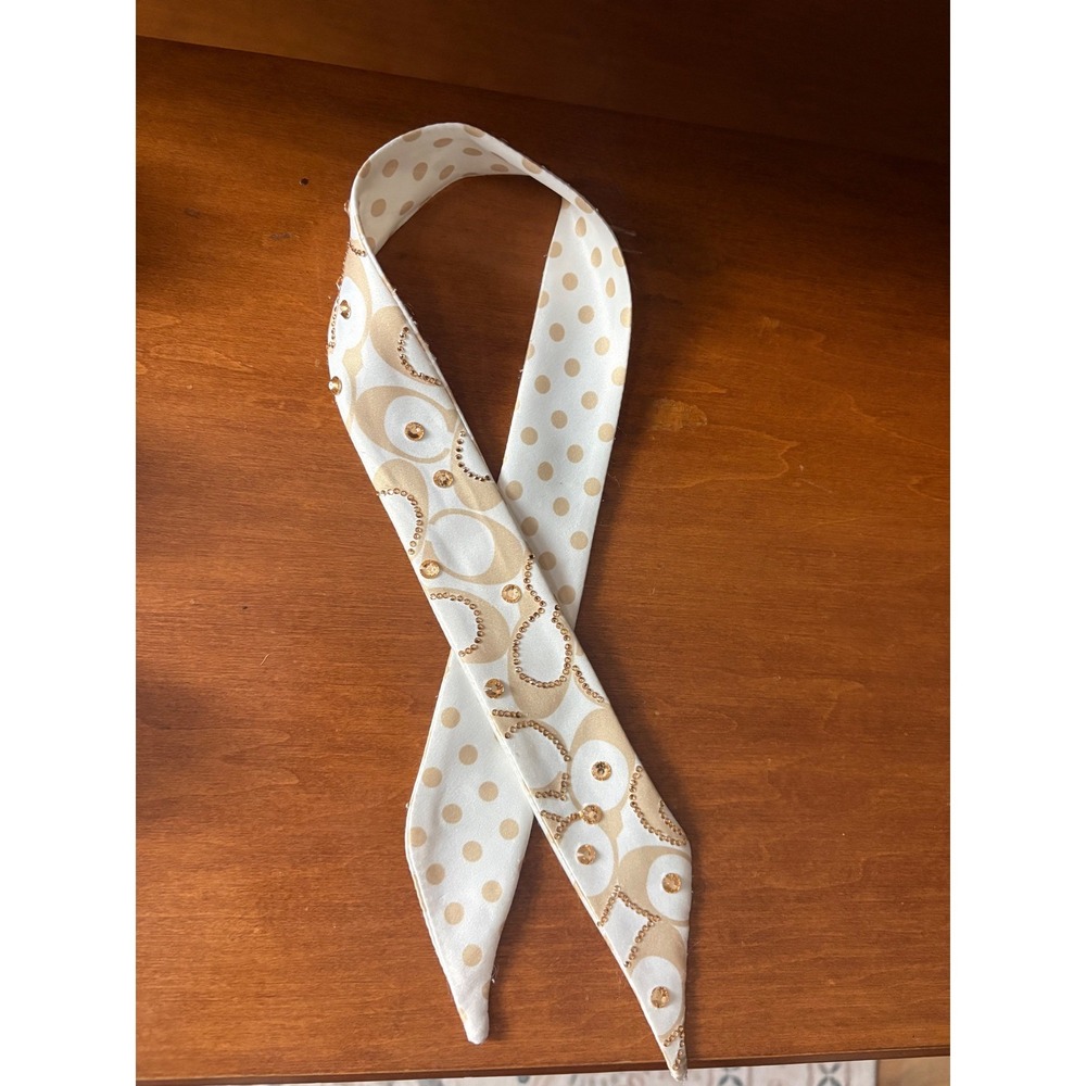 Coach Skinny Scarf Signature C Monogram Polka Dot Crystal Embellished Cream Gold